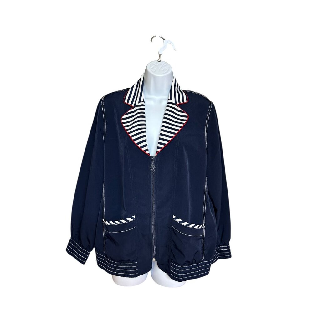 Draper's & Damon's Nautical Navy Zip-Up Jacket with Striped Trim - Size M